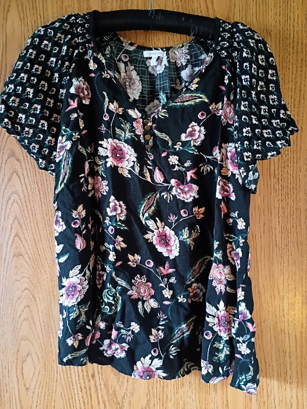 Maurices Black Floral Short-Sleeve Blouse with Pink Blooms